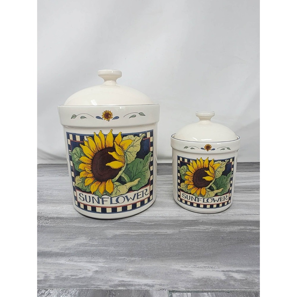 Lot Of 2 Ceramic Sunflower Farmhouse Country Canisters Susan Winget 7" & 6"